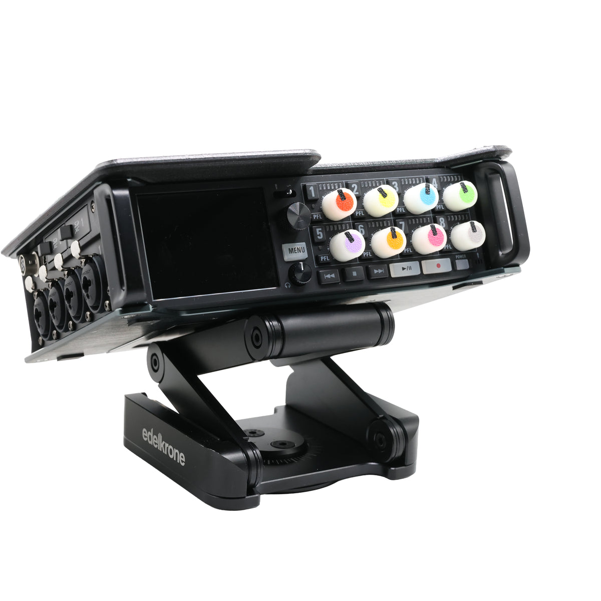 Black video monitor with control panel and 'edelkrone' branding on a white background